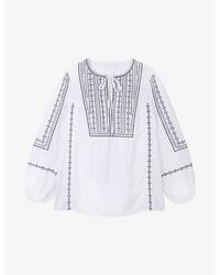The White Company - Tie-neck Embroidered Organic-cotton Blouse - Lyst