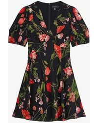 Ted Baker - Sienno Puff-sleeve Floral-print Woven Mini Dress - Lyst