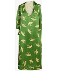 Dries Van Noten - Crane Bird-print V-neck Relaxed-fit Silk Midi Dress - Lyst
