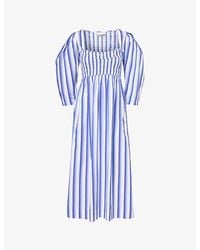 Ganni - Striped Balloon-sleeve Organic-cotton Midi Dress - Lyst