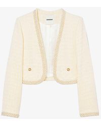 Sandro - Faux Pearl-embellished Tweed-textured Cotton-blend Jacket - Lyst