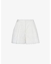 Self-Portrait - Broderie-anglaise Pleated Cotton Shorts - Lyst