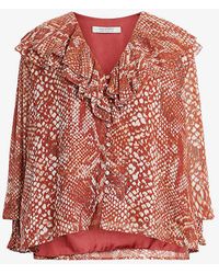 AllSaints - Phoebe Waimea Graphic-print Frill-neck Recycled-polyester Blouse - Lyst