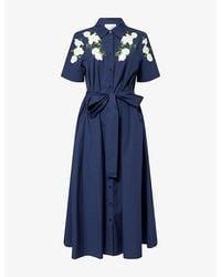 Carolina Herrera - Floral-Embroidered Short-Sleeve Cotton-Blend Midi Dress - Lyst