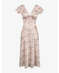House Of Cb - Raye V-Neck Floral-Print Satin Midi Tea Dress - Lyst