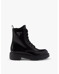 Prada - Brand-Plaque Brushed Leather Combat Boots - Lyst