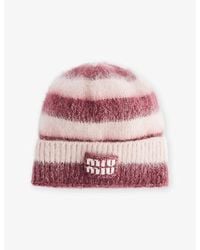 Miu Miu - Striped Logo-Patch Wool-Blend Beanie Hat - Lyst