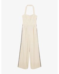 Reiss - Viola Embroidered Halterneck Wide-Leg Woven Jumpsuit - Lyst