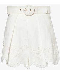 Zimmermann - Scalloped-trim Embroidered-panel High-rise Linen Shorts - Lyst