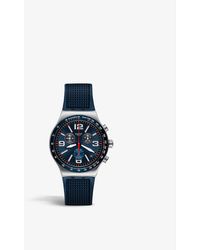 Swatch Mens Blue Yvs454 Very Dark Grid Stainless Steel And Rubber Quartz Watch