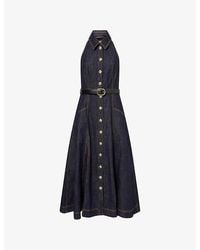 Self-Portrait - Halter-Neck Belted Denim Midi Dress - Lyst