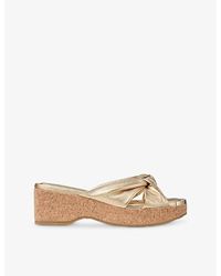 Jimmy Choo - Avenue 50 Knot-Embroidered Metallic-Leather Wedge Sandals - Lyst