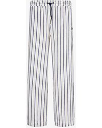 Emporio Armani - Perla/blu Vy Stripe-print Straight-leg Cotton And Linen-blend Trousers - Lyst