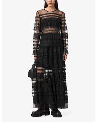 AllSaints Mila Lace Panelled Frill Trim Maxi Dress, in Black | Lyst AllSaints Mila Lace Panelled Frill Trim Maxi Dress, in Black | Lyst