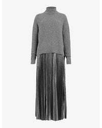 AllSaints - Spark High-Neck Pleated-Skirt Wool-Blend Midi Dress - Lyst