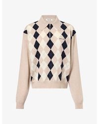 Miu Miu - Argyle Long-Sleeve Cashmere Polo Top - Lyst
