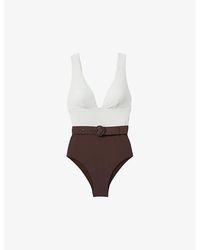 Reiss - Lola Belted-Waist Colour-Block Stretch-Woven Swimsuit - Lyst