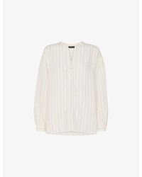 Whistles - Striped V-Neck Long-Sleeve Linen-Blend Blouse - Lyst