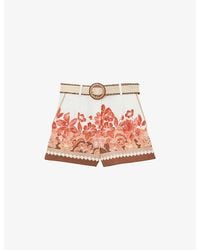 Reiss - Samira Floral-Print Belted Linen Shorts - Lyst