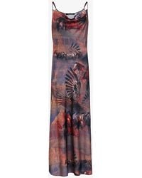 AllSaints - Hadley Graphic-print Cowl-neck Stretch Recycled-polyester Maxi Dress - Lyst