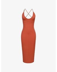 House Of Cb - Ria Plunge-Neck Stretch Cotton-Blend Midi Dress - Lyst
