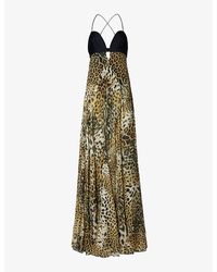 Roberto Cavalli - Leopard-print Plunge-neck Silk Maxi Dress - Lyst