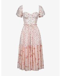 House Of Cb - Penelope Floral-Print Tie-Waist Woven Midi Dress Xs (A-C Cup) - Lyst