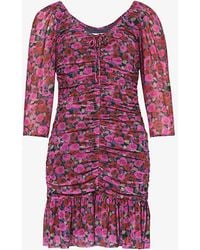Ganni - Tiered-skirt Floral-print Recycled-polyamide Mesh Mini Dress - Lyst
