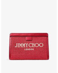 Jimmy Choo - Avenue Embroidered-Logo Raffia And Leather Pouch - Lyst