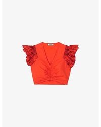 Sandro - Embroidered-Sleeve V-Neck Cotton-Blend Crop Top - Lyst