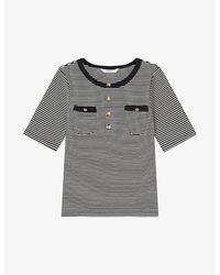 LK Bennett - Charlie Button-neck Stripe Stretch-cotton T-shirt X - Lyst
