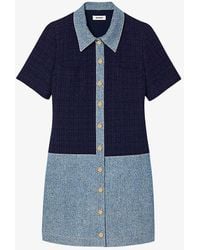 Sandro - Contrast-collar Short-sleeve Tweed And Denim Mini Dress - Lyst
