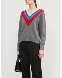 Sandro Stripe-trimmed V-neck Knitted Jumper - Gray