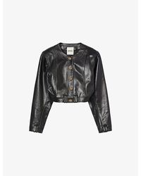 Sandro - Cropped-fit Round-neck Leather Jacket - Lyst