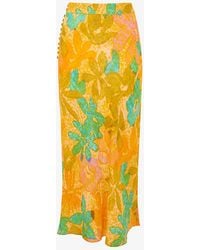 Whistles - Palm Floral-print Button-embellished Woven Midi Skirt - Lyst