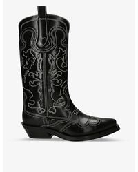 Ganni - Mid Shaft Embroidered Calf-Length Leather Cowboy Boots - Lyst