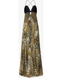 Roberto Cavalli - Turale Leopard-print Plunge-neck Silk Maxi Dress - Lyst