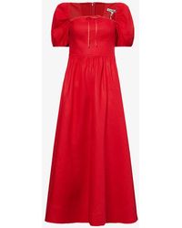 Reformation - Marella Puffed-sleeve Curved-neck Linen Midi Dress - Lyst