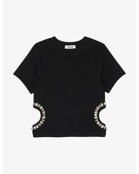 Sandro - Crystal-embellished Cut-out Stretch-woven Top - Lyst