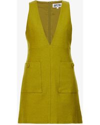 Amy Lynn Womens Olive V-neck Patch-pocket Wool-blend Mini Dress S - Green