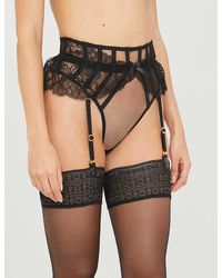 Agent Provocateur - Rozlyn Mesh And Lace Suspender Thong - Lyst