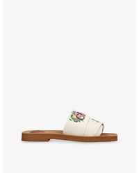 Chloé - Woody Embroidered-Logo Linen-Blend Sandals - Lyst