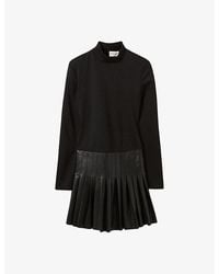 Claudie Pierlot - Long-Sleeved Pleated-Skirt Stretch-Woven And Leather Mini Dress - Lyst