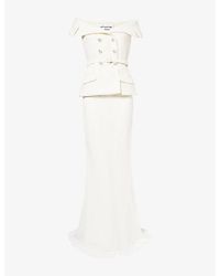 Self-Portrait - Off-Shoulder Belted Boucle And Crepe Maxi Dress - Lyst