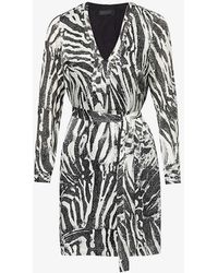 IKKS - Zebra-print Long-sleeve Silk-blend Midi Dress - Lyst