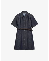 Prada - Short-Sleeve Belted Denim Mini Dress - Lyst