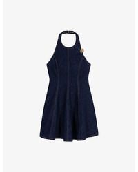 Maje - Halterneck Flower-Brooch Denim Mini Dress - Lyst