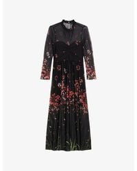 Ted Baker - Susenaa Ruffle-neck Floral-print Stretch-mesh Midaxi Dress - Lyst