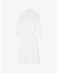 Sandro - Open-weave Embroidered Belted Cotton Midi Shirt Dress - Lyst