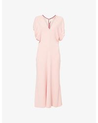 Victoria Beckham - V-Neck Puffed-Sleeves Stretch-Woven Midi Dress - Lyst